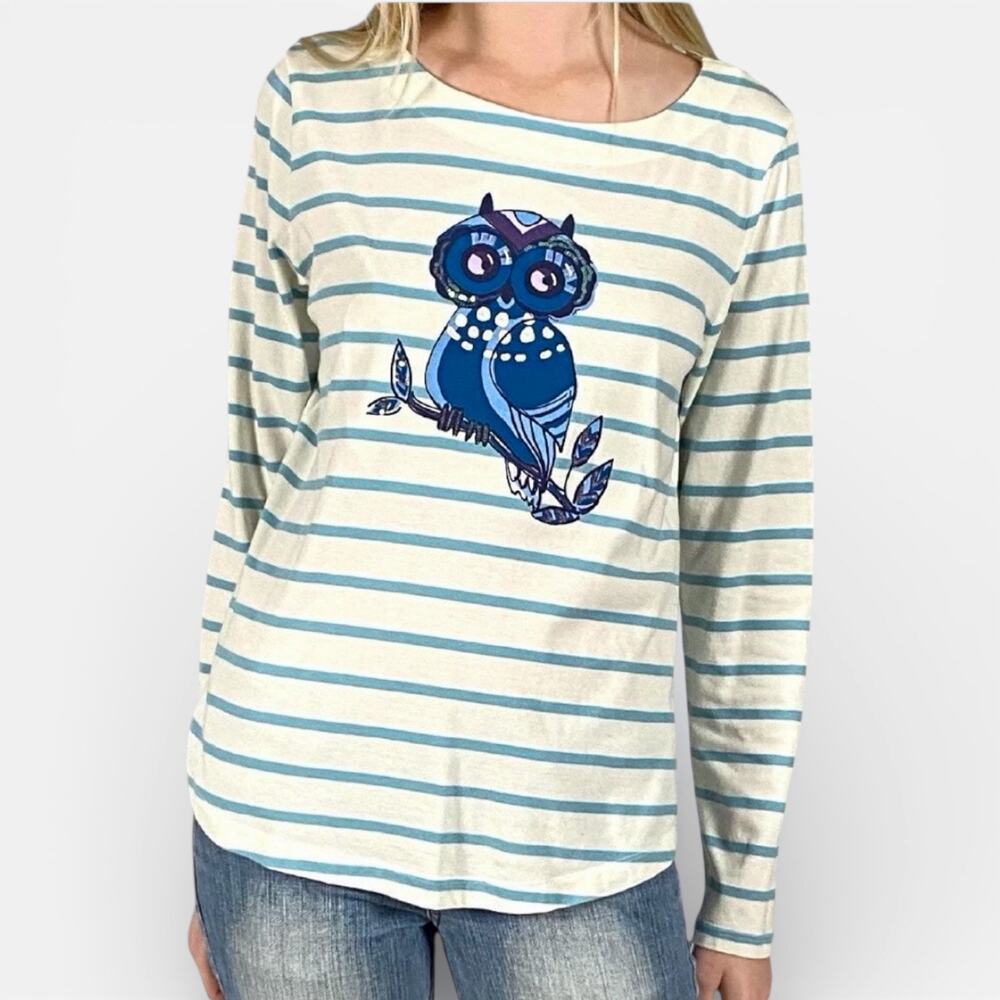 Talbots Cream Blue Stripes Whimsy Owl Stretchy T-Shirt Sz M